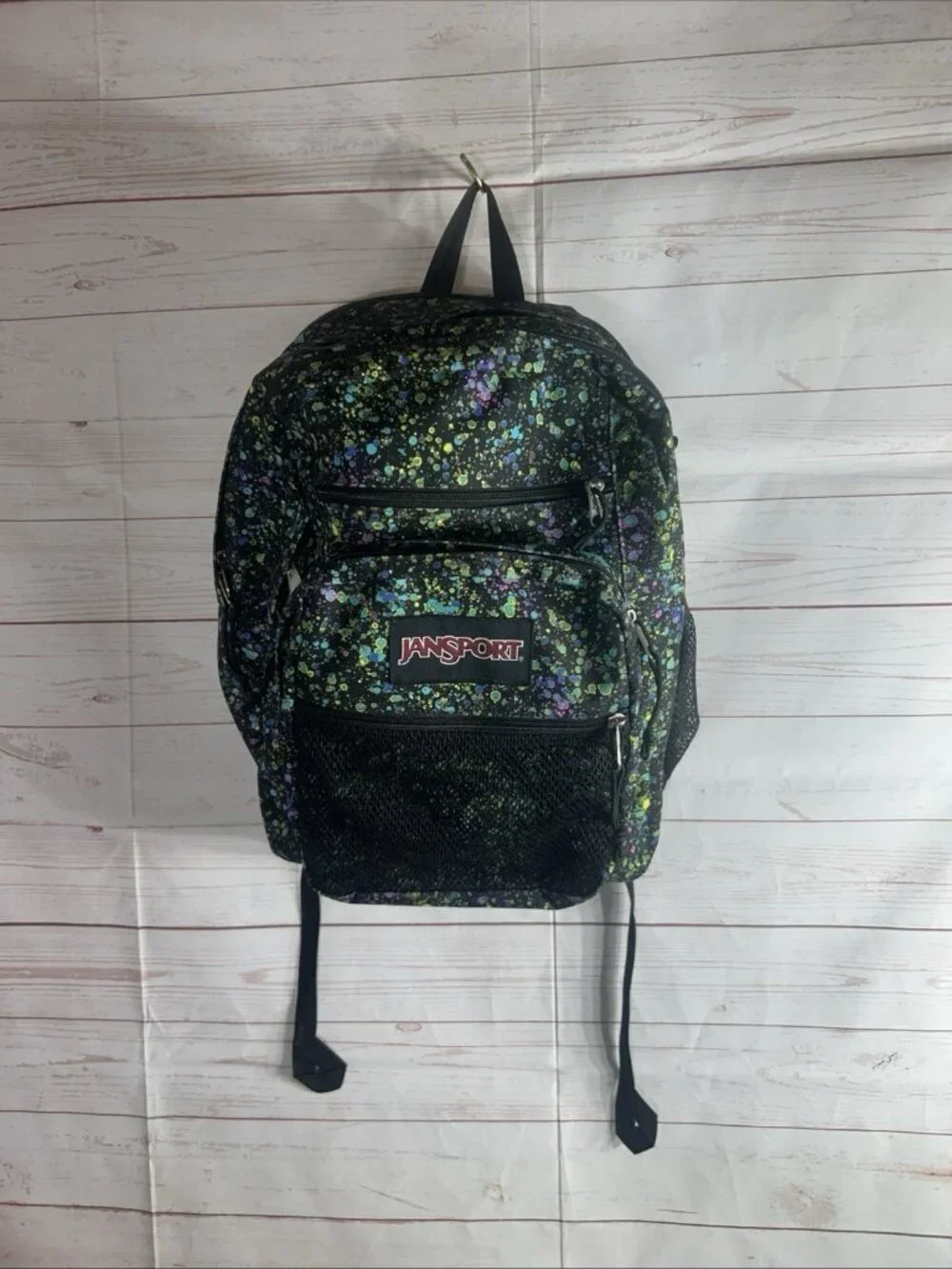 JANSPORT BACKPACK Black with BUBBLE COLORS 5 ZIPPER POUCHES 17” With mesh